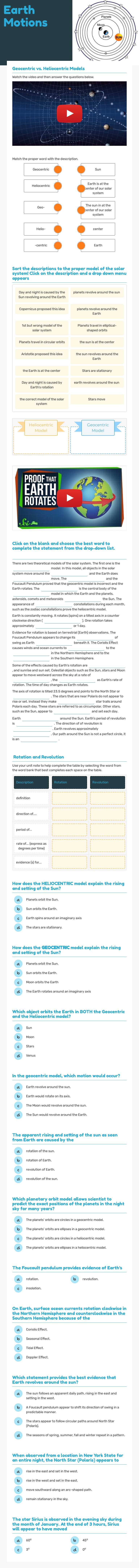 Earth Motions worksheet preview image