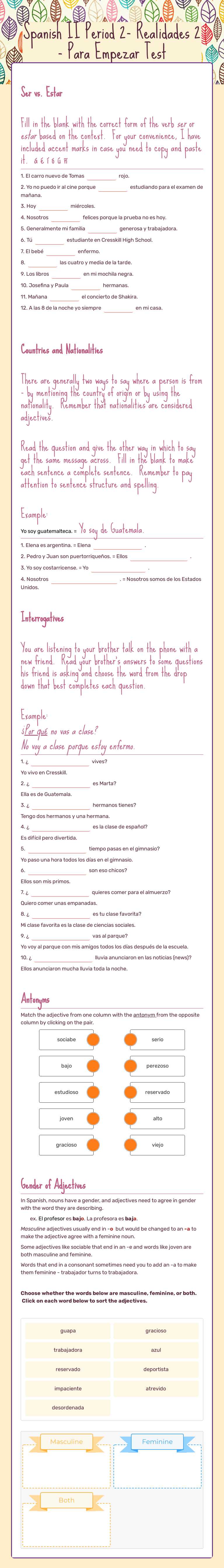 Spanish II Period 2- Realidades 2 - Para Empezar Test worksheet preview image
