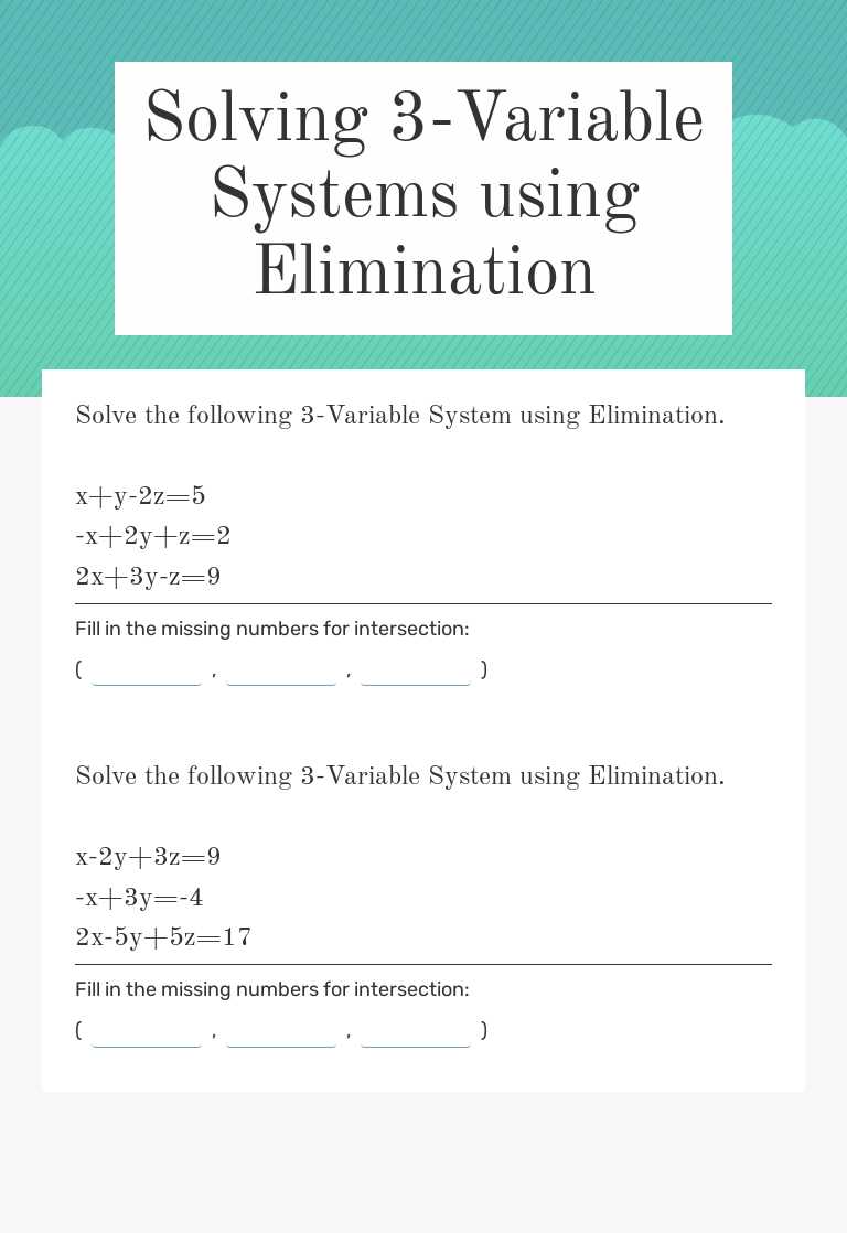 Solving 3-Variable Systems using Elimination Grade 10 worksheet preview