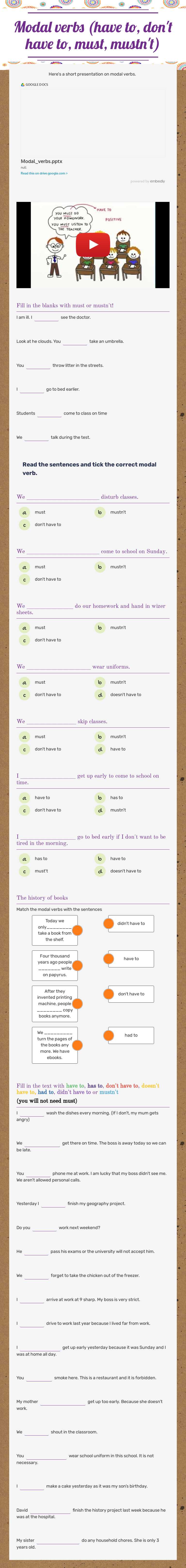 Modal verbs (have to, don't have to, must, mustn't) Grade 7 worksheet preview