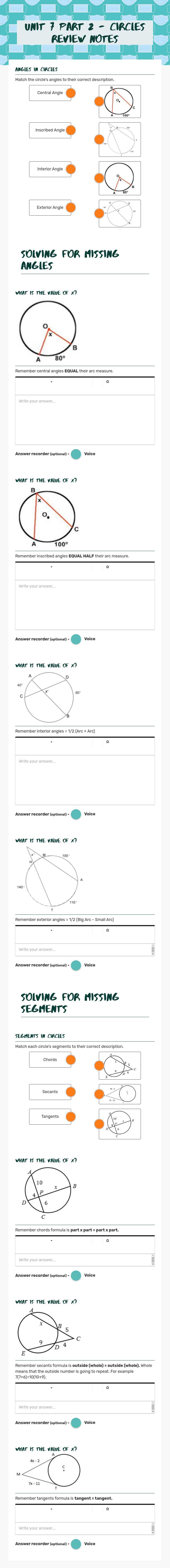 Unit 7 Part 2 - Circles Review Notes worksheet preview image
