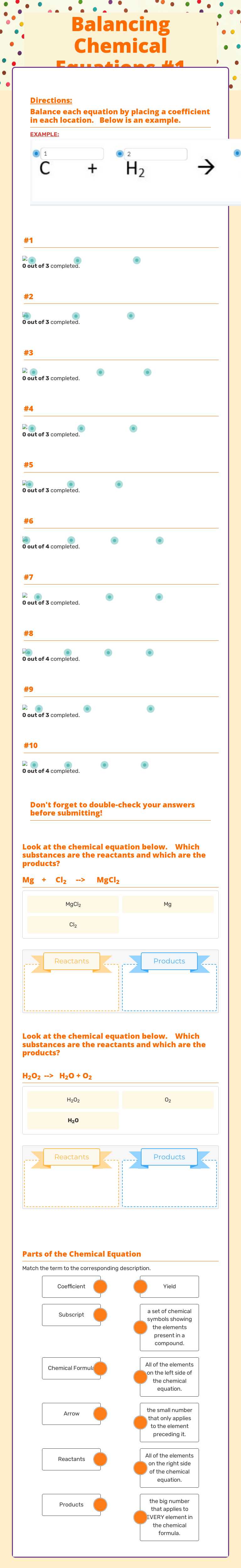 Balancing Chemical Equations #1 worksheet preview image