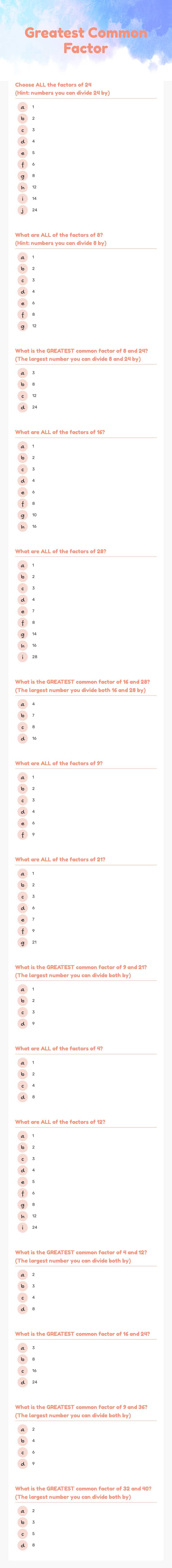 Greatest Common Factor worksheet preview image