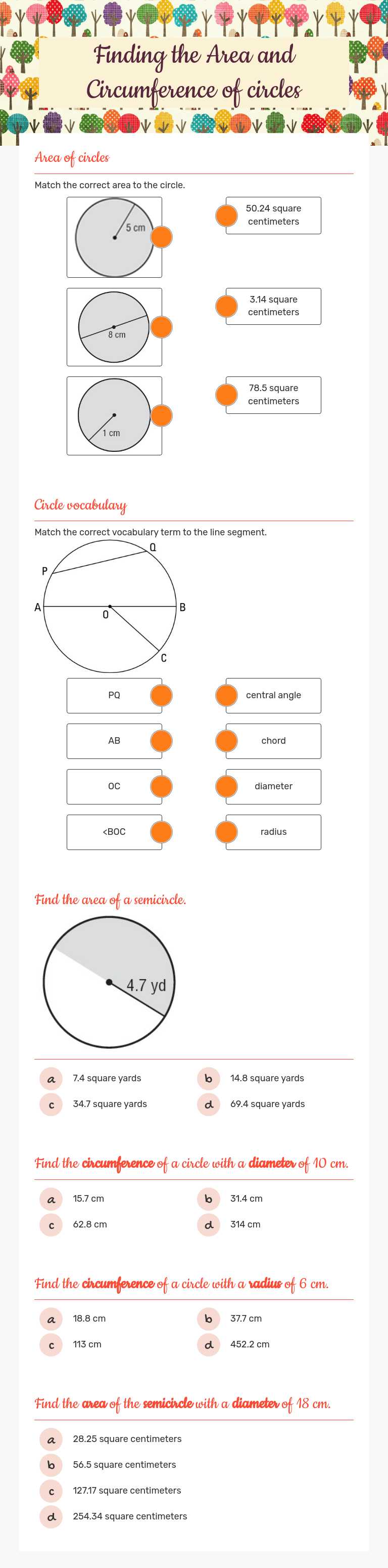 Finding the Area and Circumference of circles Grade 7 worksheet preview