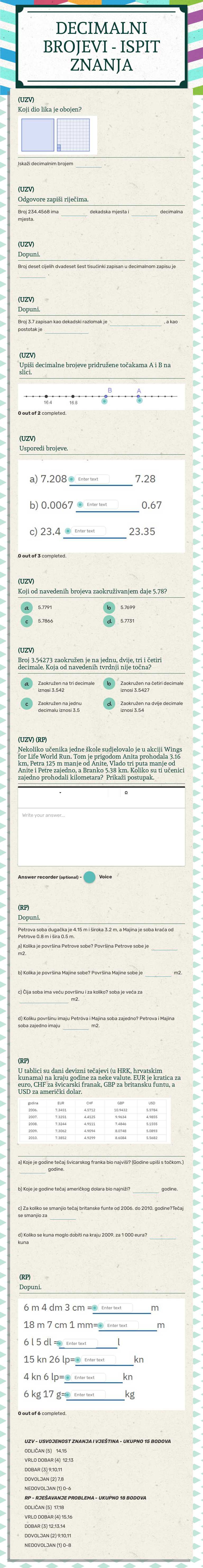 DECIMALNI BROJEVI - ISPIT  ZNANJA worksheet preview image