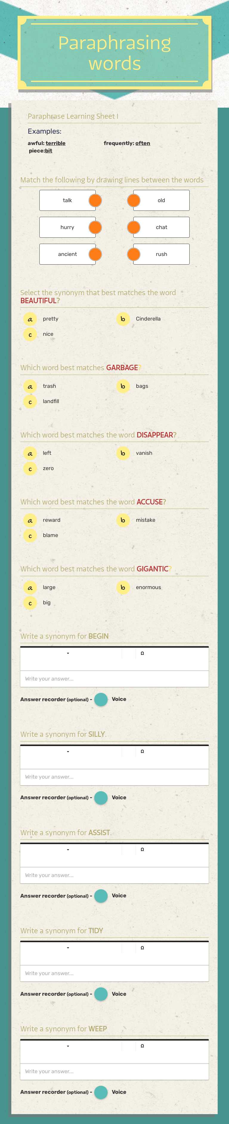 Paraphrasing words worksheet preview image