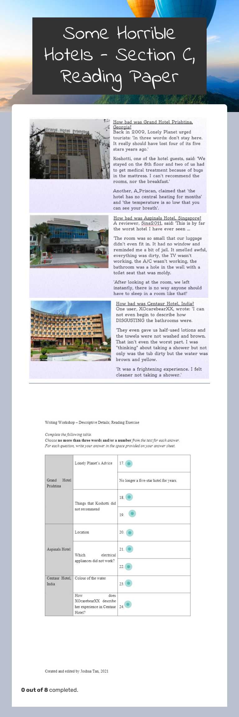 Some Horrible Hotels - Section C, Reading Paper worksheet preview image