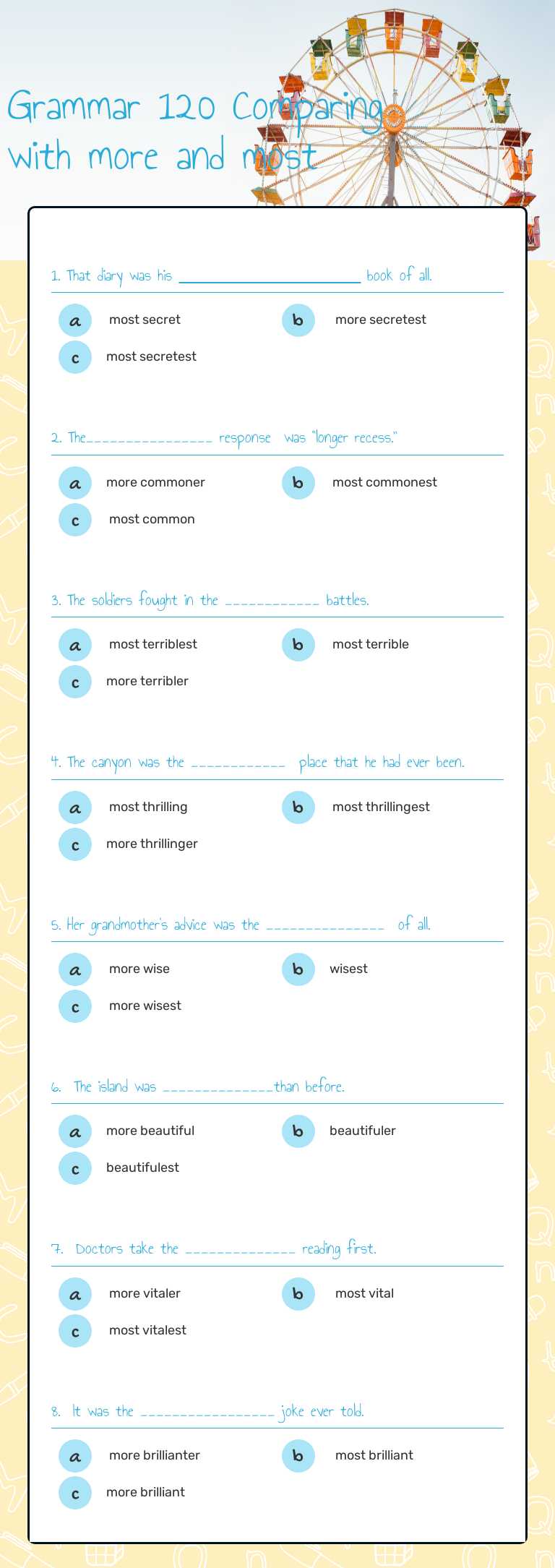 Grammar 120 Comparing with more and most worksheet preview image