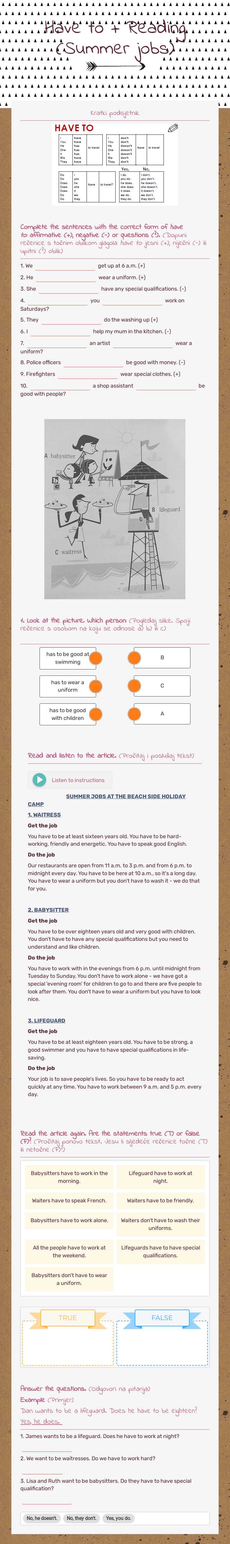 Have to + Reading (Summer jobs) worksheet preview image