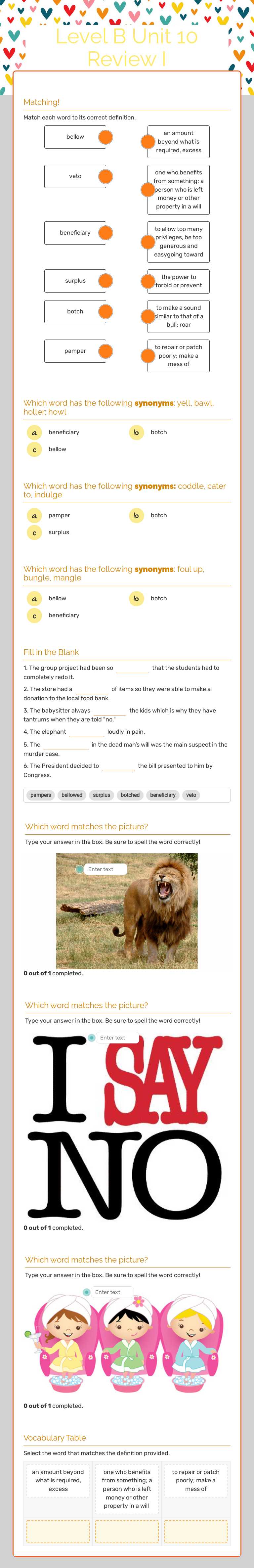 Level B Unit 10 Review I worksheet preview image