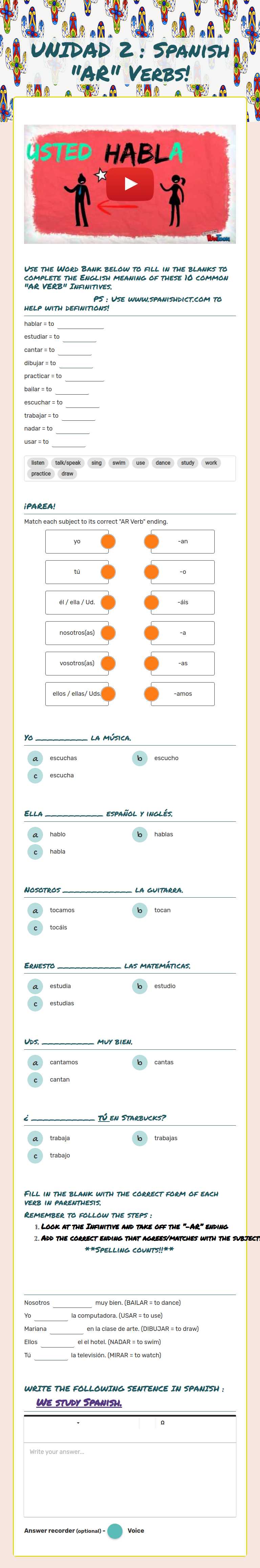 UNIDAD 2 : Spanish "AR" Verbs! worksheet preview image