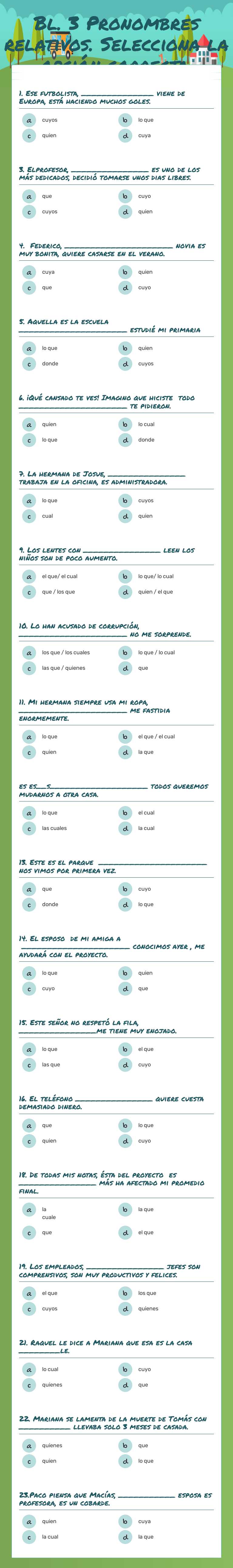 Bl. 3 Pronombres relativos. Selecciona la opción correcta. Grade 10 worksheet preview
