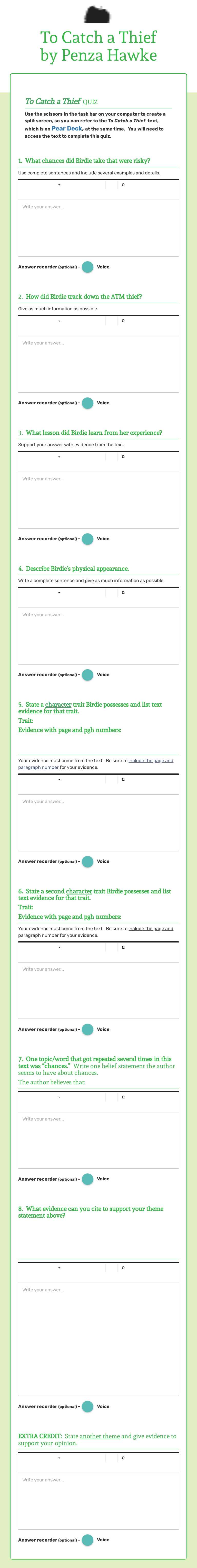 To Catch a Thief by Penza Hawke worksheet preview image