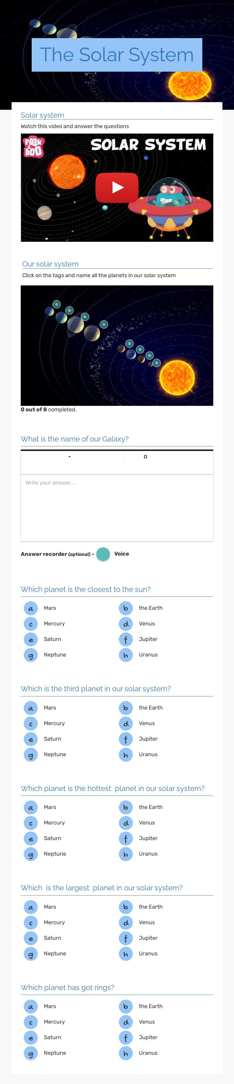 The Solar System Grade 5 worksheet preview