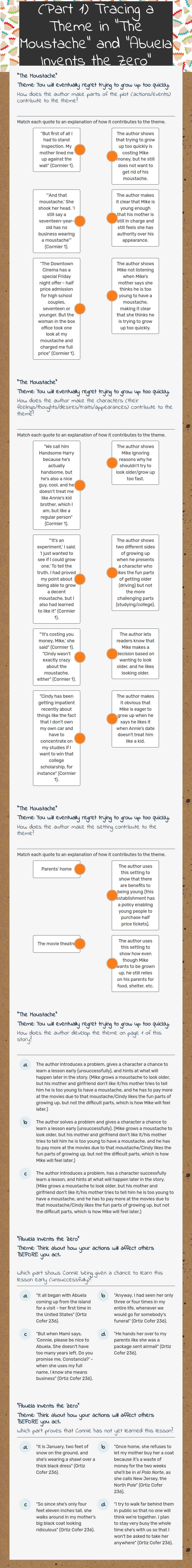 (Part 1) Tracing a Theme in "The Moustache" and "Abuela Invents the Zero" worksheet preview image