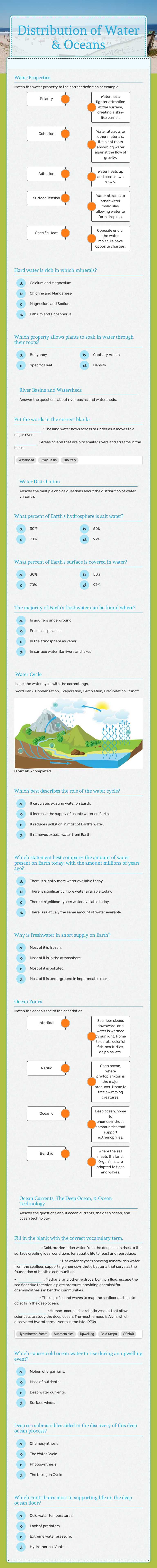 Distribution of Water     
 & Oceans worksheet preview image