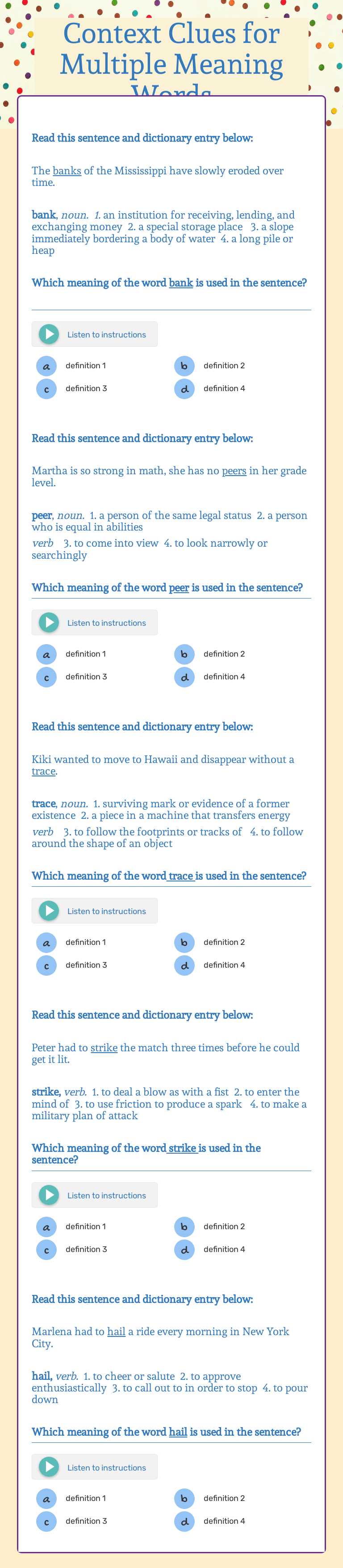 Context Clues for Multiple Meaning Words Grade 6 worksheet preview