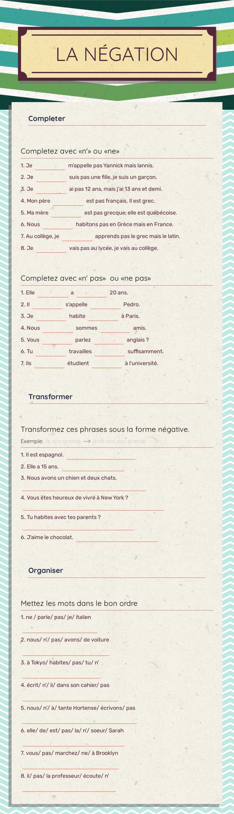 LA NÉGATION Grade 6 worksheet preview