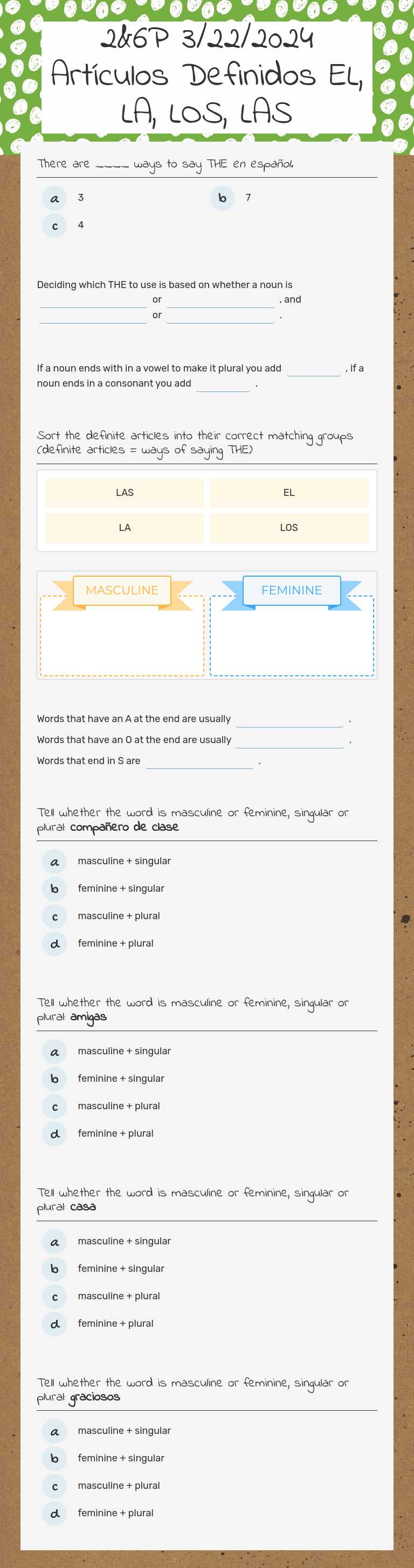 2&6P 3/21/2025 Artículos Definidos
 EL, LA, LOS, LAS worksheet preview image
