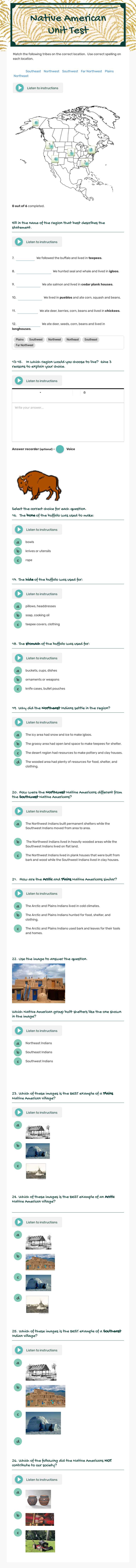 Native American Unit Test Grade 3 worksheet preview