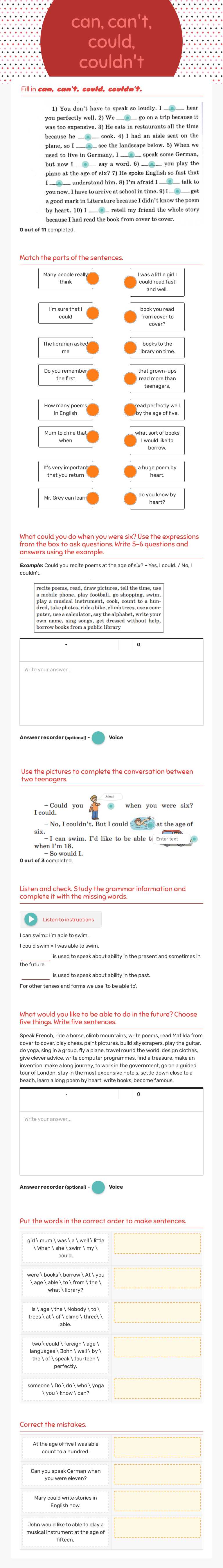 can, can't, could, couldn't Grade 7 worksheet preview