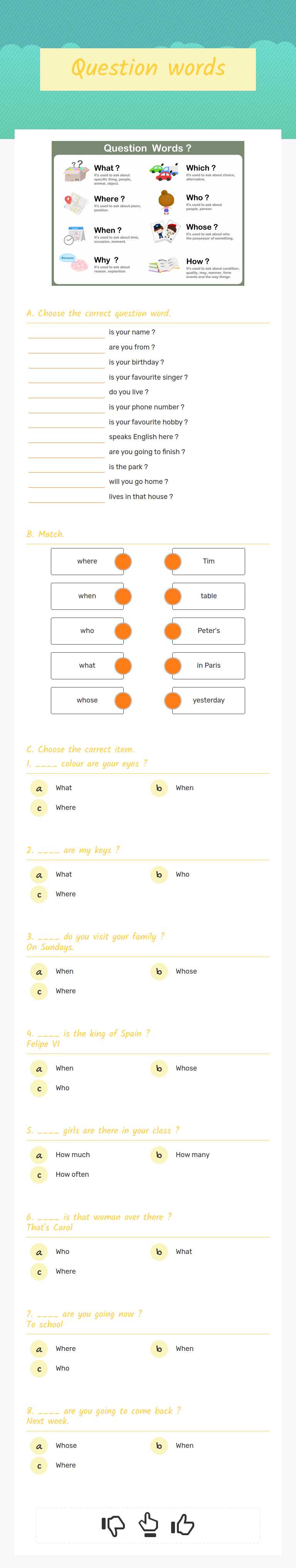 Question words worksheet preview image