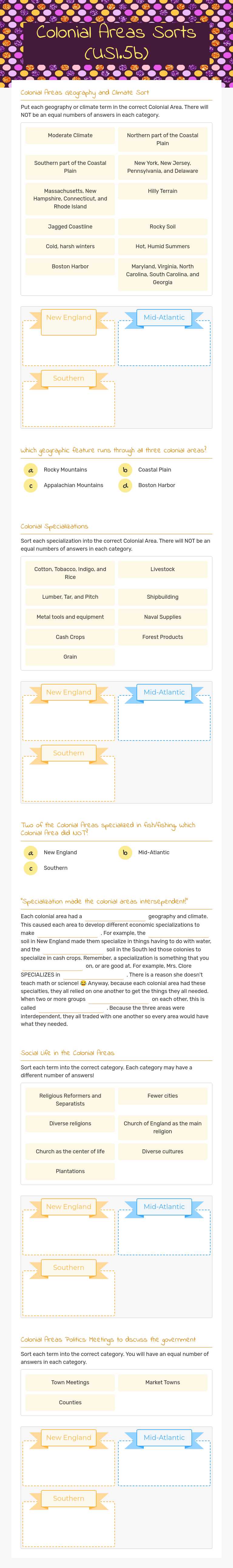 Colonial Areas Sorts (USI.5b) worksheet preview image