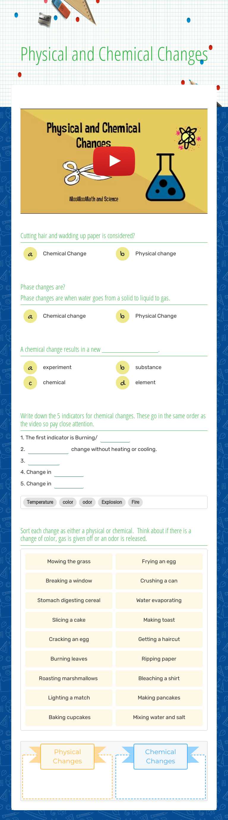 Physical and Chemical Changes worksheet preview image