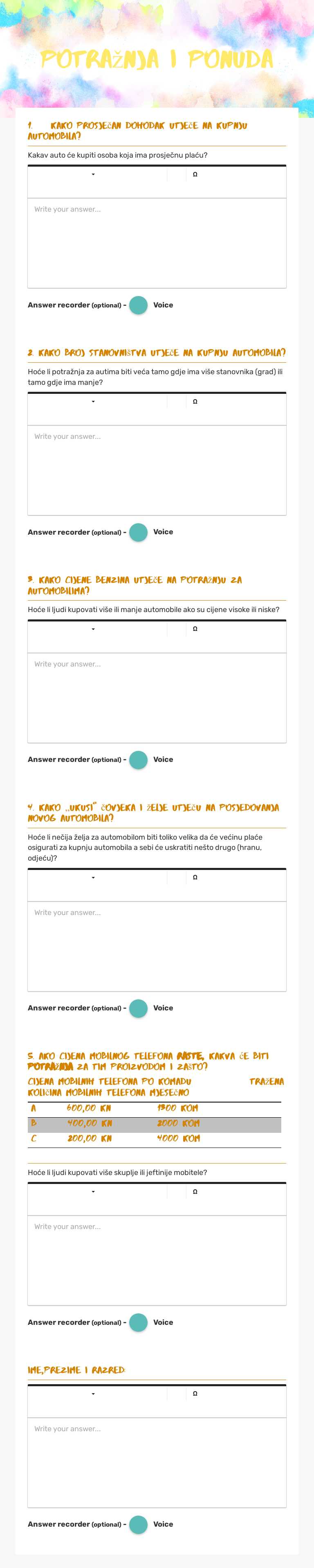 POtražnja i ponuda Grade 10 worksheet preview