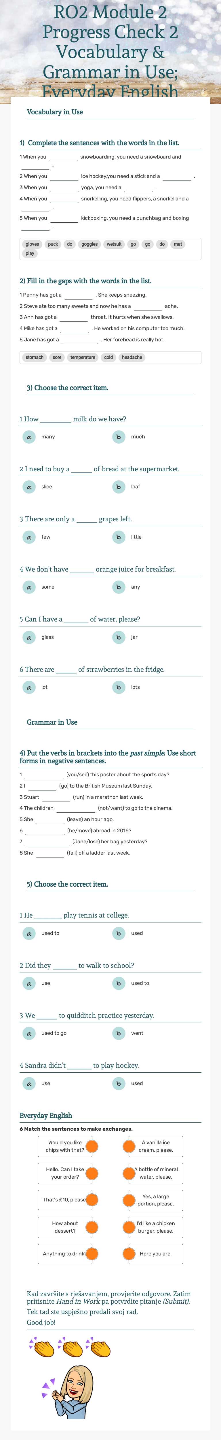 RO2 Module 2 Progress Check 2  Vocabulary & Grammar in Use; Everyday English worksheet preview image