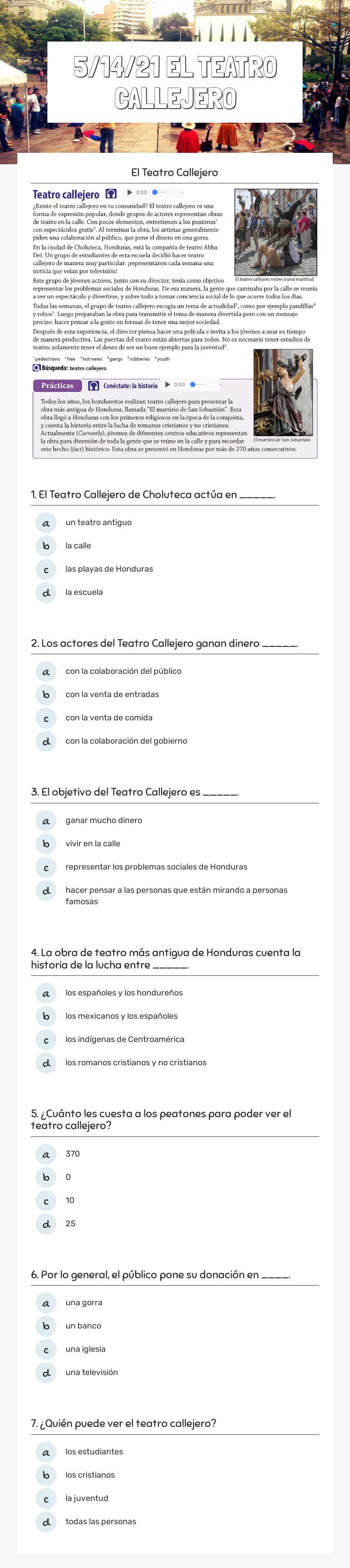 5/14/21 EL TEATRO CALLEJERO Grade 10 worksheet preview