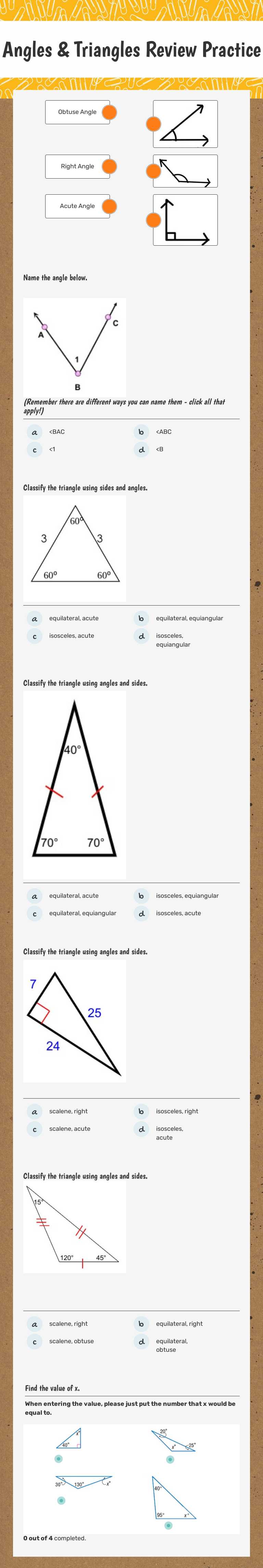 Angles & Triangles Review Practice worksheet preview image