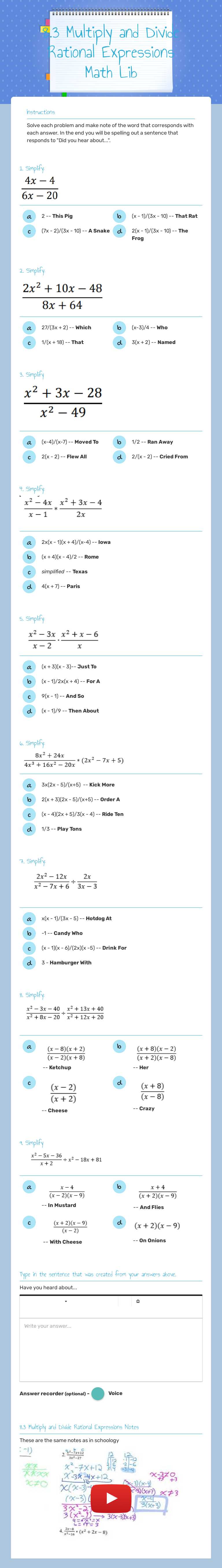 8.3 Multiply and Divide Rational Expressions Math Lib worksheet preview image