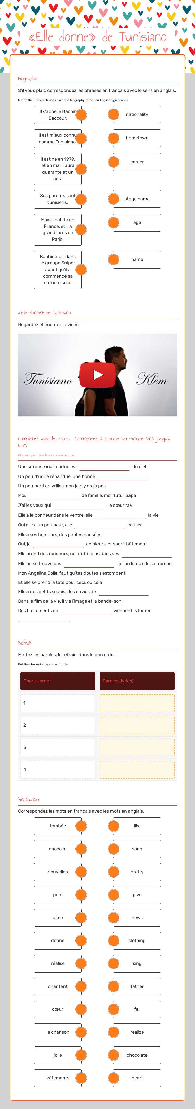 «Elle donne» de Tunisiano Grade 8 worksheet preview
