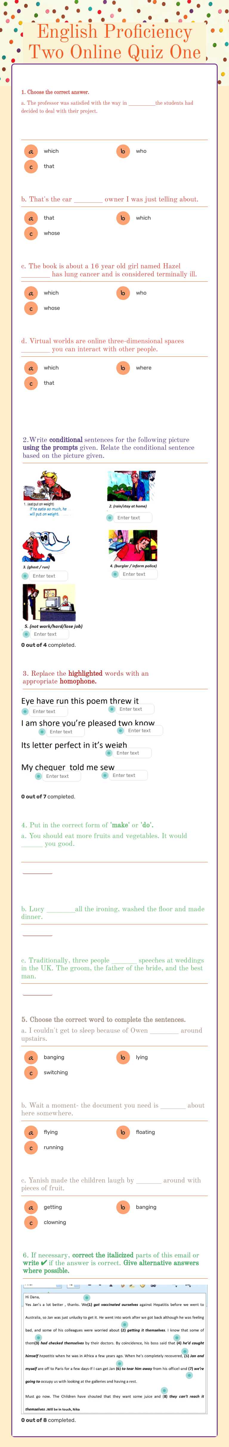 English Proficiency Two Online Quiz One worksheet preview image