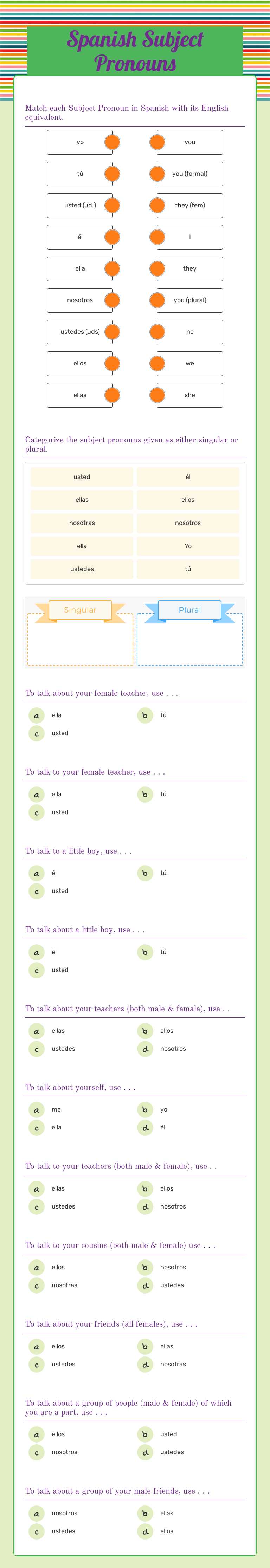 Spanish Subject Pronouns worksheet preview image