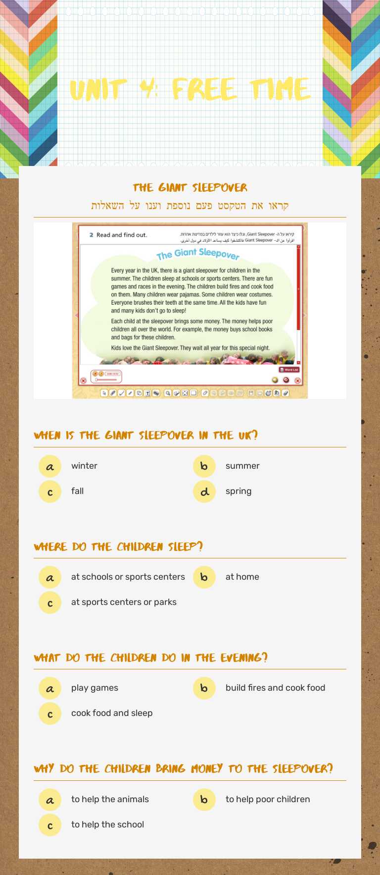 unit 4: free time Grade 5 worksheet preview