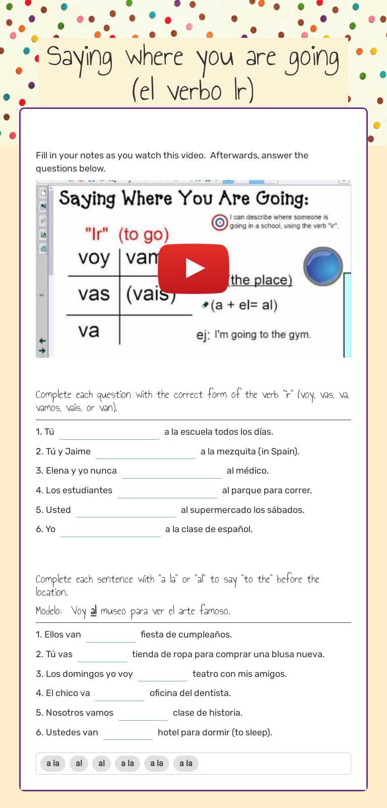 Saying where you are going (el verbo Ir) worksheet preview image
