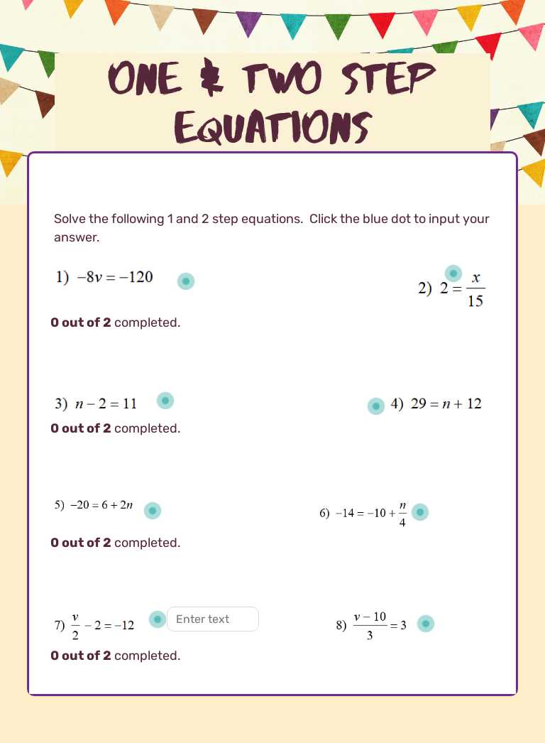 One & Two Step Equations worksheet preview image