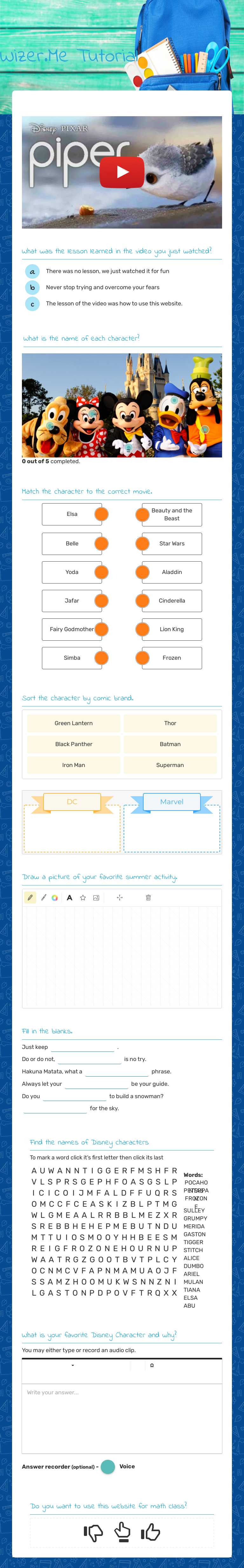 Wizer.Me Tutorial worksheet preview image