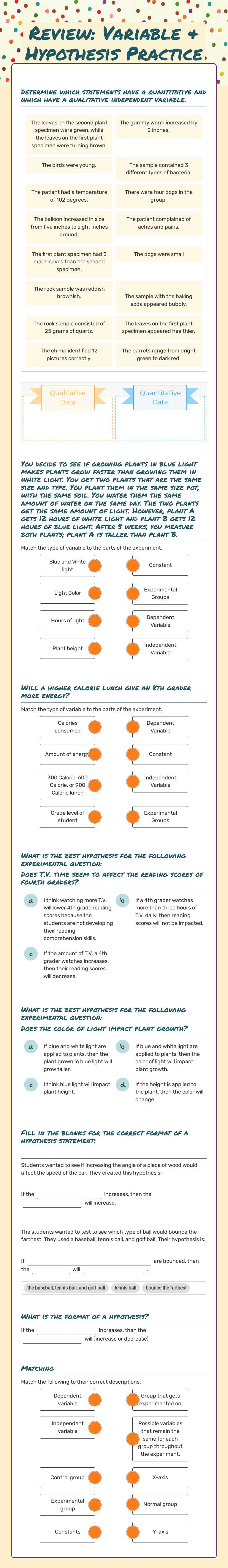 Review: Variable & Hypothesis Practice worksheet preview image