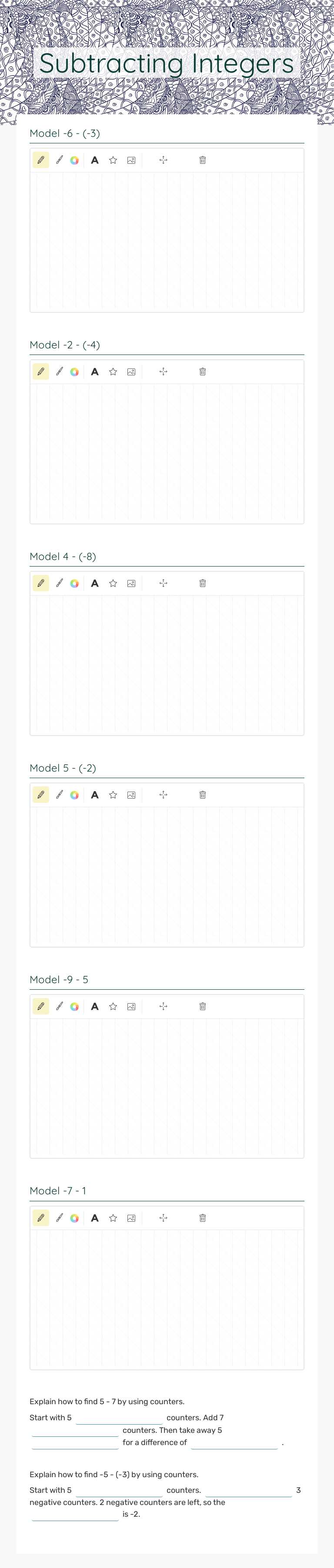 Subtracting Integers worksheet preview image