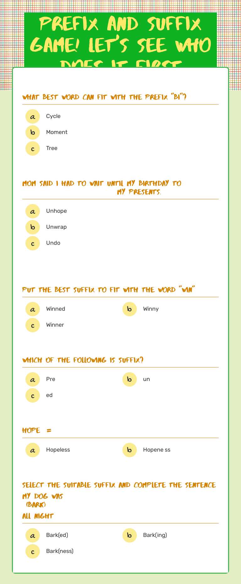 Prefix and suffix game! let's see who does it first Grade 4 worksheet preview