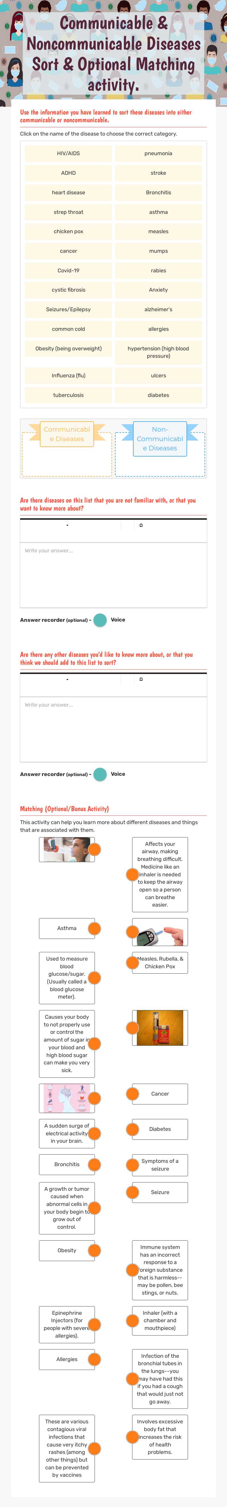 Communicable & Noncommunicable Diseases Sort & Optional Matching activity. Grade 7 worksheet preview