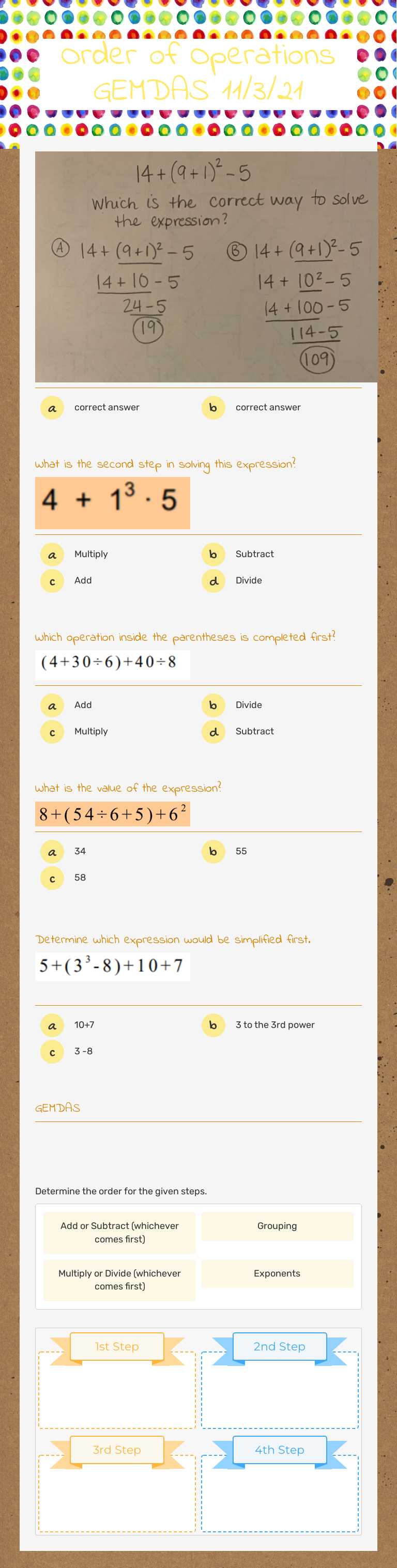 Order of Operations  GEMDAS  11/3/21 worksheet preview image