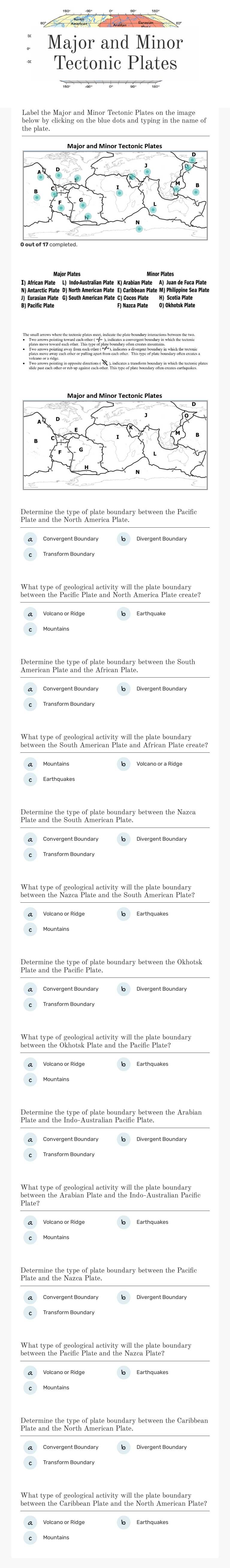 Major and Minor Tectonic Plates worksheet preview image