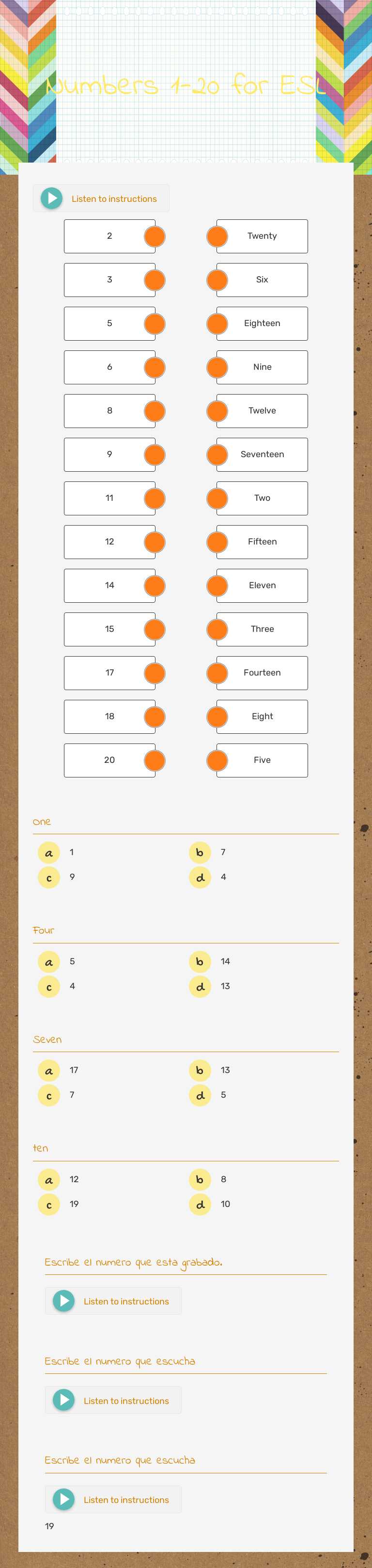 Numbers 1-20 for ESL Grade 1 worksheet preview