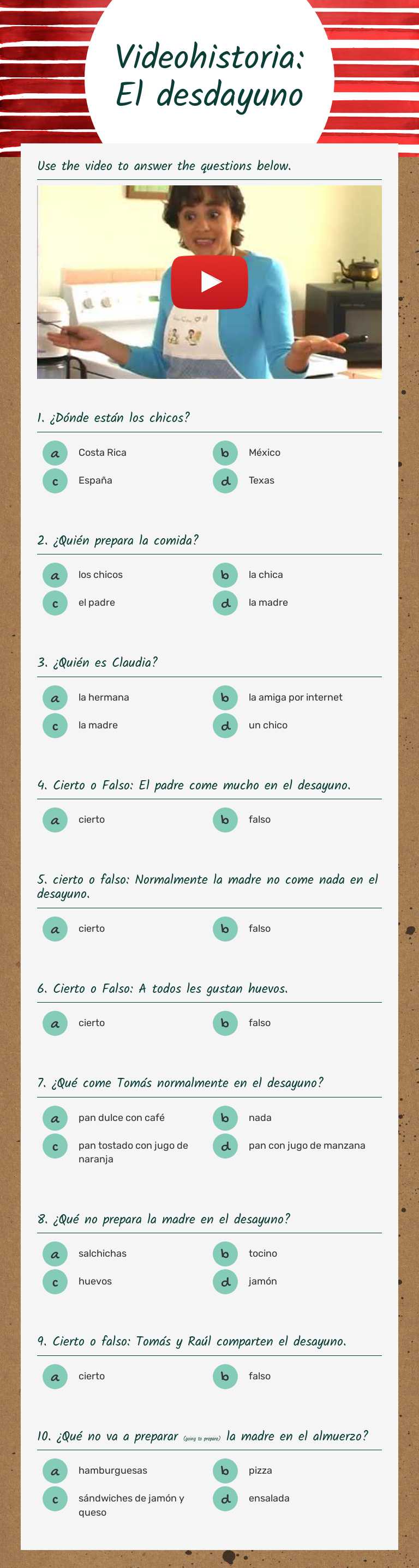Videohistoria: El desdayuno worksheet preview image