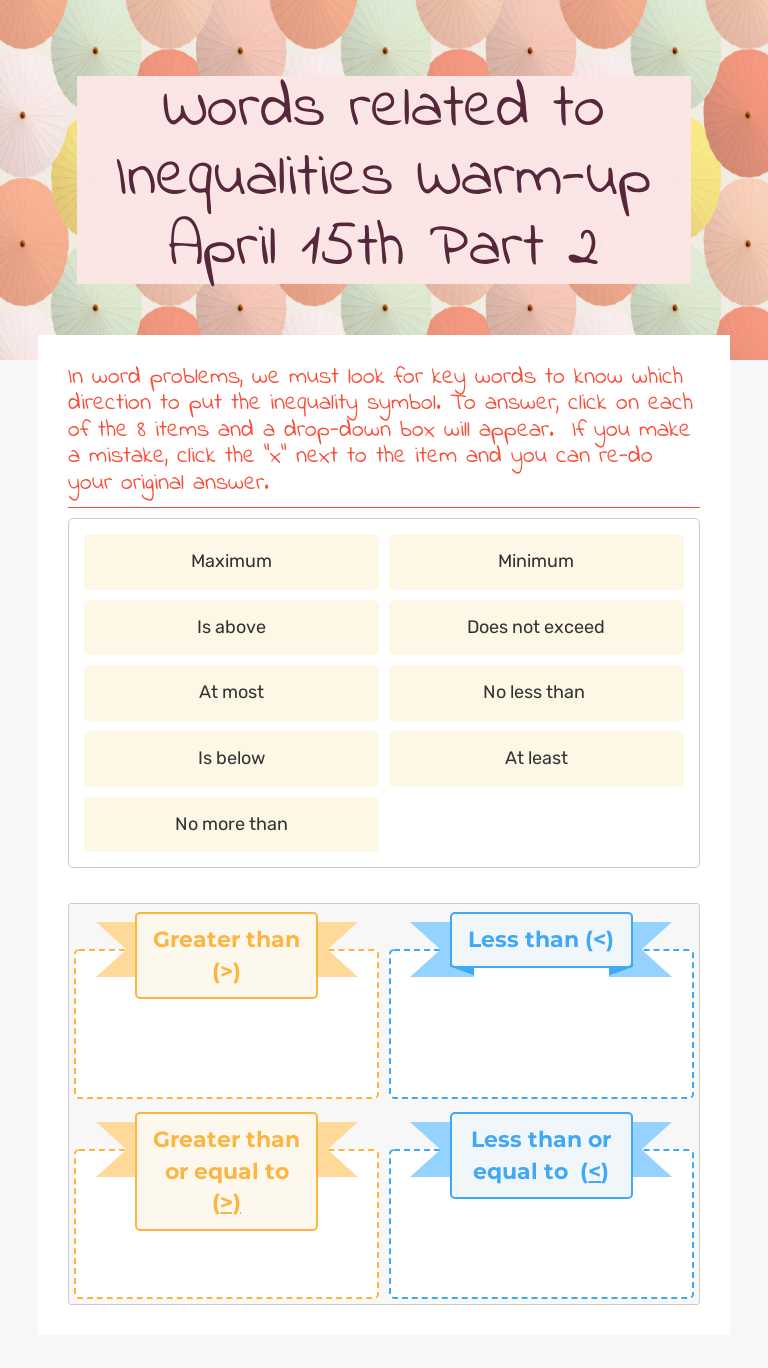Words related to Inequalities Warm-up April 15th Part 2 Grade 7 worksheet preview