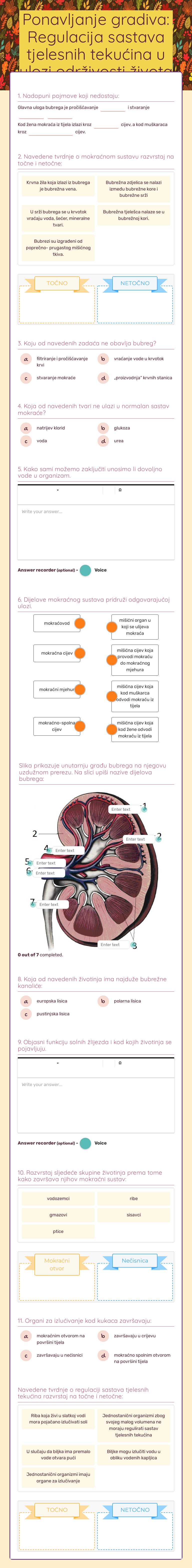 Ponavljanje gradiva: Regulacija sastava tjelesnih tekućina u ulozi održivosti života Grade 8 worksheet preview